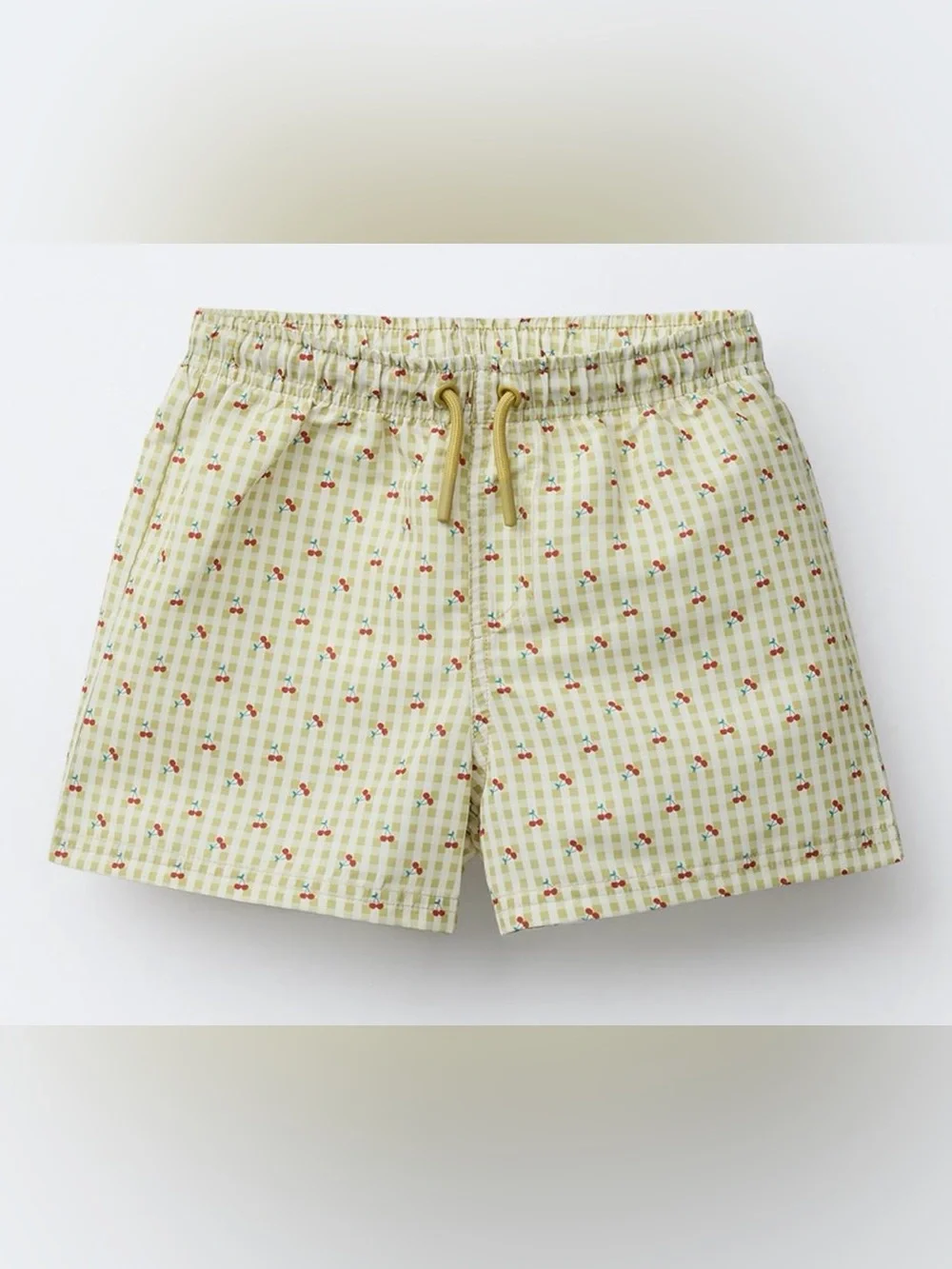 Zara Kids Boys Olive Gingham Cherry Swim Shorts, 5T